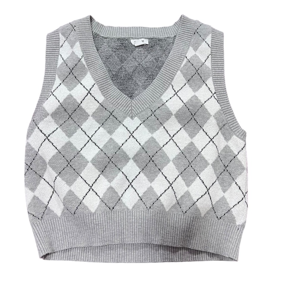 Garage Grey White Argyle V-Neck Cropped Sweater Vest Size P/S A4